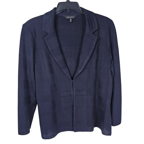 Ming Wang Textured Knit Blazer Jacket 1X Navy Notched Lapel One Hook Office - Picture 1 of 12